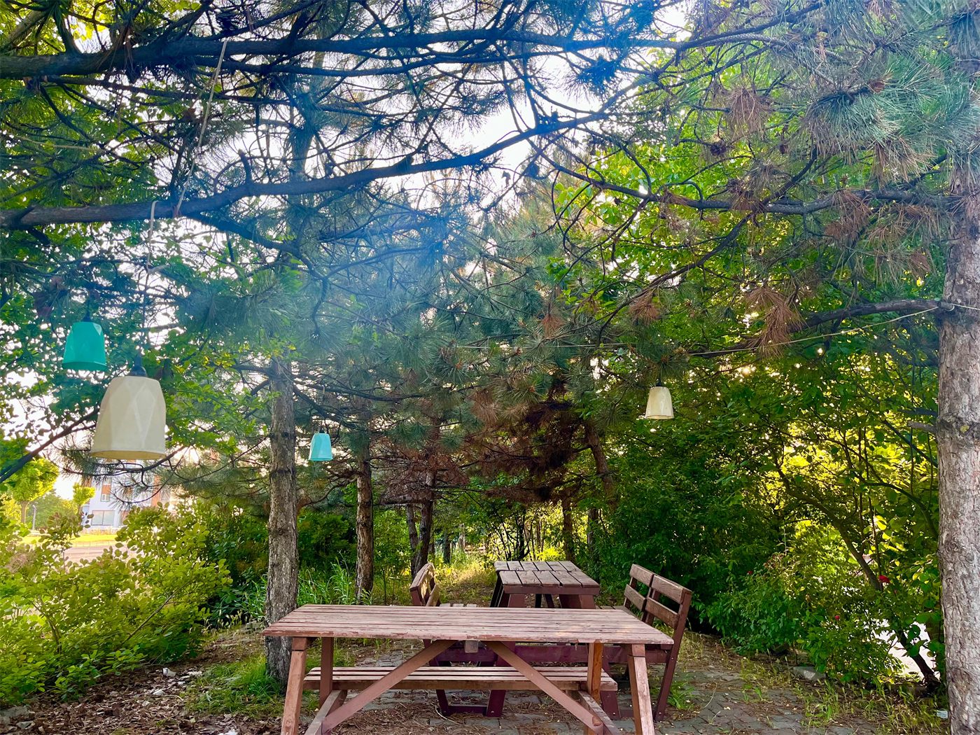 Bolu Otel bahçesinde ahşap oturma alanı